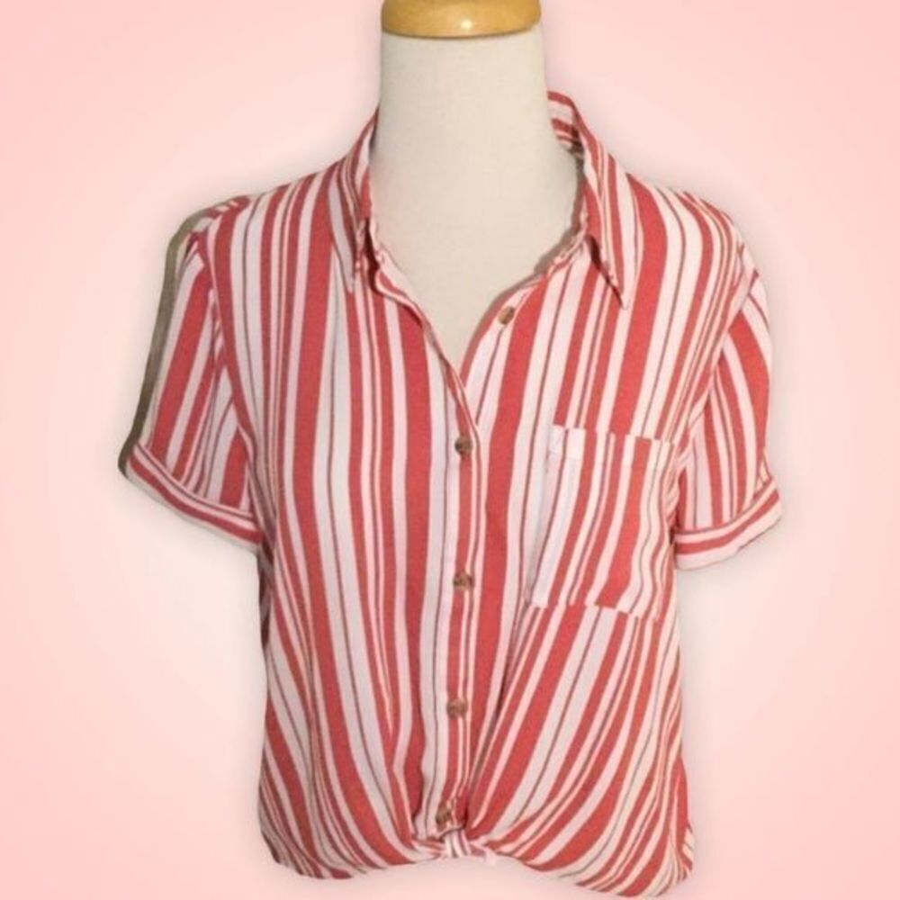 Hippie Rose Tie Waist Blouse Red‎ & White Vertical Stripes Size S